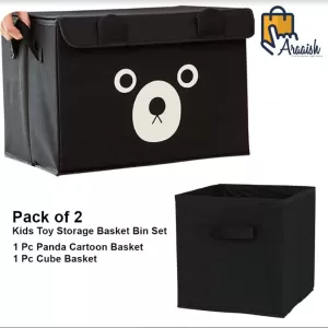 Pack of 2 - Foldable Kids Toy Storage Basket Bin Set 1 Pc Panda Cartoon Basket and 1 Pc Cube basket - Black
