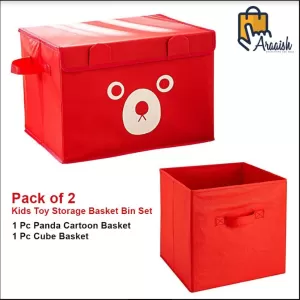 Pack of 2 - Foldable Kids Toy Storage Basket Bin Set 1 Pc Panda Cartoon Basket and 1 Pc Cube basket - Red