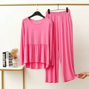 Pink Frill Style T Shirt with Palazzo style pajama Full Sleeves Night Suit for her