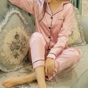 Plain Pink with Black Pipen Full Sleeves Silk Night Suit for her