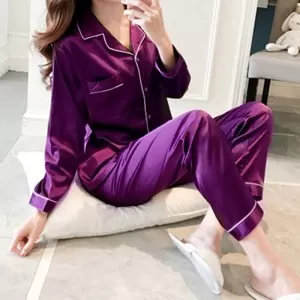 Plain Purple with White Pipen Full Sleeves Silk Night Suit for her