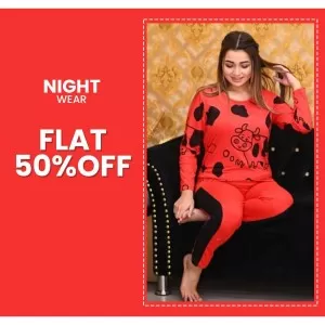 Red Cow with Panel pajama Full sleeves night suit for her