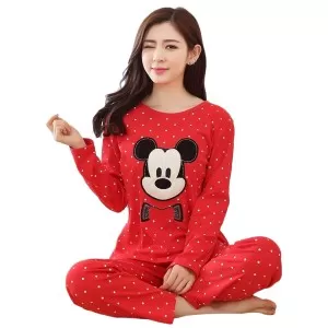 Red Dotted Mickey Printed Night Suit For Women
