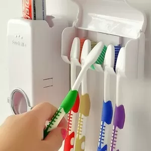 Set of Automatic Toothpaste Dispenser & Brush Holder Wall Suction Bathroom Water Resistant Sticky Toothpaste Squeezer Home Accessories