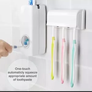 Set of Toothpaste Dispenser & Toothbrush Holder - White Automatic Toothpaste Dispenser and Toothbrush Holder Set Wall Mounted Toothpaste Dispenser