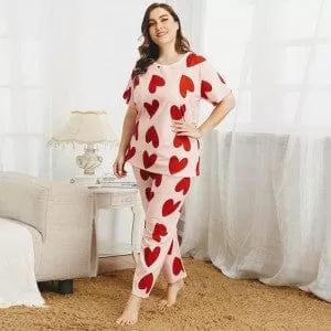 Small Full Heart Printed Trouser Design Stylish Half Sleeves T-Shirt and Pajama Sexy Ladies Night Suit Ladies Night Wear Ladies Nighty Ladies Sleep We