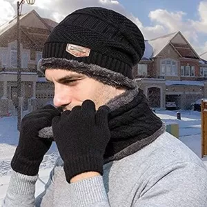 Winter Beanie Cap Scarf Set Warm Knit Cap Thick Fleece Lined Winter Hat & Scarf for Men Women