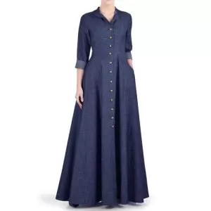 Women Front Button High Quality Blue Denim Abaya