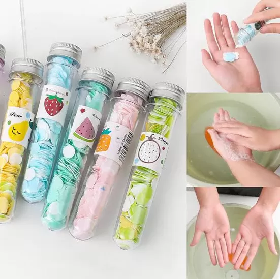 Portable Disposable Paper Soap Confetti Cleaning Washing Hand Paper Soap Sheets Petals Soap Flakes with Storage Tube for Kitchen Toilet