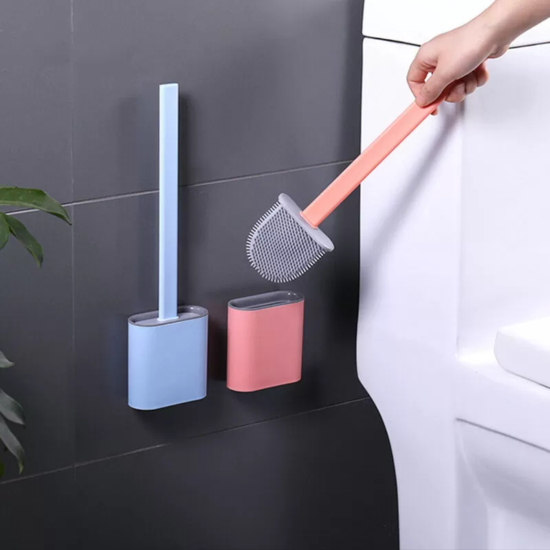 Silicone Head Toilet Brush with Holder Black Wall-mounted Detachable Handle Bathroom Cleaner