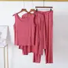 3Pcs Pajama Suit Women Modal Long-sleeved Vest For Leisure Home Wear Female Sleepwear (Hot Pink)