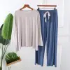 Long Sleeve & Pant Apring Soft Cotton Women Intimate Sleepwear (White With Blue)