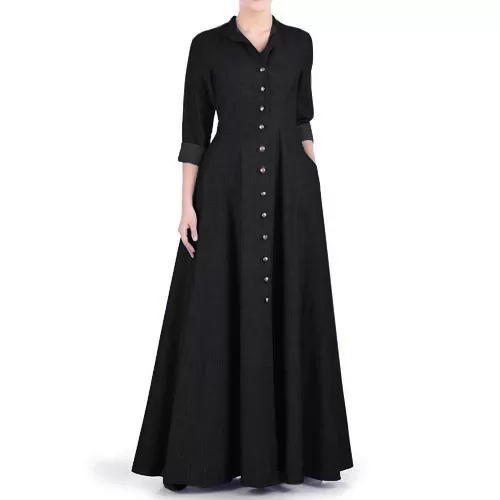 Women Front Button High Quality Black Denim Abaya