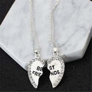 1 Pair Half Love Heart Rhinestone Pendant Best Friends Necklace Friendship Gift