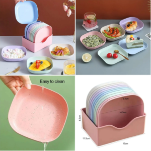 10Pcs Food Grade Plastic Plate Set With Holder Household Square Small Plate with Storage Rack Space Saving, Microwave Safe, Mixed Colors