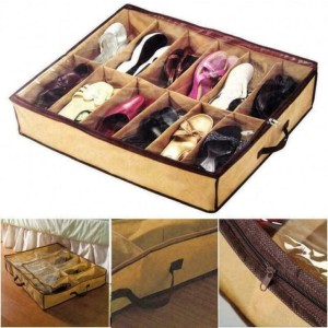 12 Pairs Of Shoes Under Bed Shoe Organizer Bag Solid Foam Fabric with Clear Plastic Zip Cover