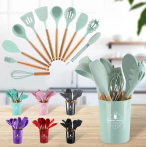 12 Pcs Silicone Cooking Utensils Kitchen Utensil Set Heat Resistant Non-Toxic BPA Free Spatula Set with Turner Tongs,Spoon,Brush,Whisk-Wooden Handles