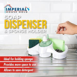 3 In 1 Plastic Dish Soap Dispenser with Sponge Holder For Kitchen Sink Bathroom Counter Hand Soap Dispenser Pump Bottle Caddy Organizer