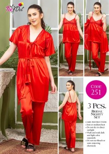 3 Piece Women's Top Relaxing Soft Silk Sleepwear (NN-251-Red)