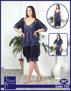 3 Piece Women's Top Relaxing Soft Silk Sleepwear (NN-113-Blue)