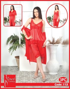 3 Piece Women's Top Relaxing Soft Silk Sleepwear (NN-113-Red)