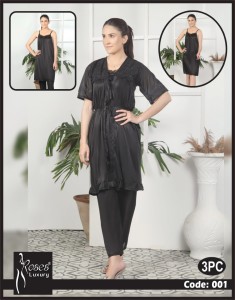3 Piece Women's Top Relaxing Soft Silk Sleepwear (NN-001-Black)