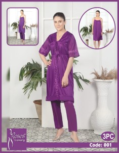 3 Piece Women's Top Relaxing Soft Silk Sleepwear (NN-001-Purple)
