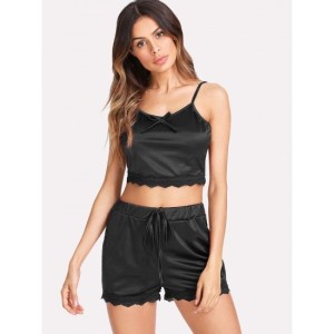Black Lace Trim Cami And Shorts Set For Women