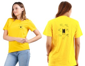 Amazing Summer New Collection BTS Signature all seven members tag printed Yellow T shirt Front Back Sign Printed