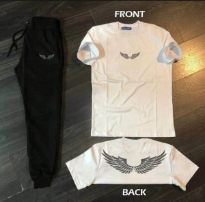 Angel Silver WIngs Printed Cotton Half Sleeves O Neck Black Trouser & Peach T shirt
