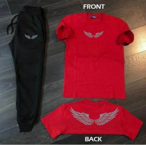 Angel Silver WIngs Printed Cotton Half Sleeves O Neck Black Trouser & Red T shirt