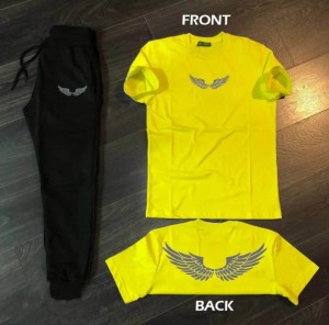 Angel Silver WIngs Printed Cotton Half Sleeves O Neck Black Trouser & Yellow T shirt