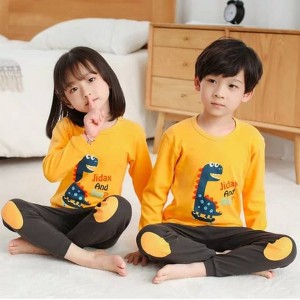 Yellow and Grey Dino print full sleeves night suit for Kids