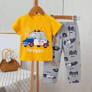 Baby or Baba Yellow Car Print Half Sleeves T-shirt With Printed Pajama Night Suit for Kids