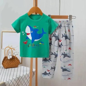 Baby Or Baba Green Shark Print Half Sleeves T-shirt With Printed Pajama Night Suit for Kids