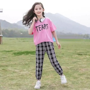 Baby  Pink Tears Print Half Sleeves T-shirt With Check Printed Pajama Night Suit for Kids - 1 Pcs