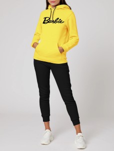 Barbie Yellow Printed Winter Tracksuit With Warm Fleece Hoodie and Trouser For Women