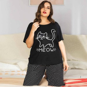 Black Doted Meow Print Night Suit for Her