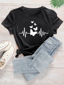 black T Shirt For Girls new and stylish design in Printed Summer Collection Shirt Round Neck Half Sleeves