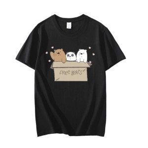 Black Three Bears Printed Summer Cotton Half Sleeves O Neck T Shirt For Women