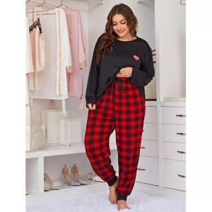 Black With Small Red Heart And Red Check Pajama Print Full Sleeves Home Wear
