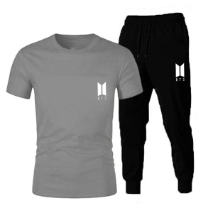BTS Logo Design Half Sleeves Grey T shirt and Black Trouser Summer Collection Export Quality Fabric