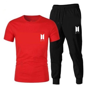 BTS Logo Design Half Sleeves Red T shirt and Black Trouser Summer Collection Export Quality Fabric
