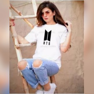 BTS New Design Printed Cotton Half Sleeves O Neck White T Shirt For Women
