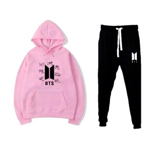 BTS Signature Printed Winter Tracksuit With Warm Fleece pink Hoodie and Trouser For Womens