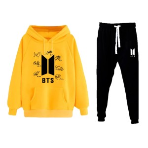 BTS Signature Printed Winter Tracksuit With Warm Fleece Yellow Hoodie and Trouser For Womens