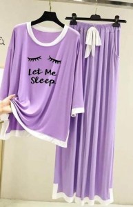Let Me Sleep Purple with White Round Neck with Palazzo  Pajama Full Sleeves night suit for her