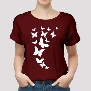 Butterfly Printed Maroon T shirts Round Neck For Casual Wear