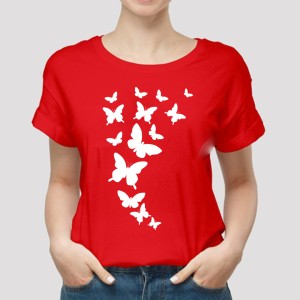 Butterfly Printed Red T shirts Round Neck For Casual Wear