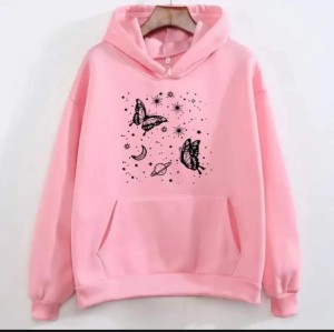 Buttlerfly Printed Pullover pink Hoodie for Women